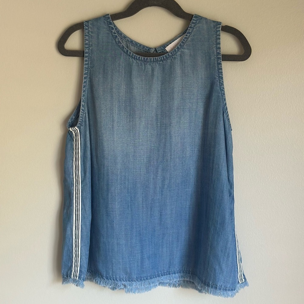 Bella Dahl Girls sleeveless Chambray Denim Fray Hem Top Side Stripe Size 12